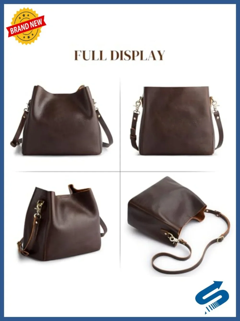 Genuine Full Grain Leather Crossbody Bag Adjustable Strap Bucket Purse